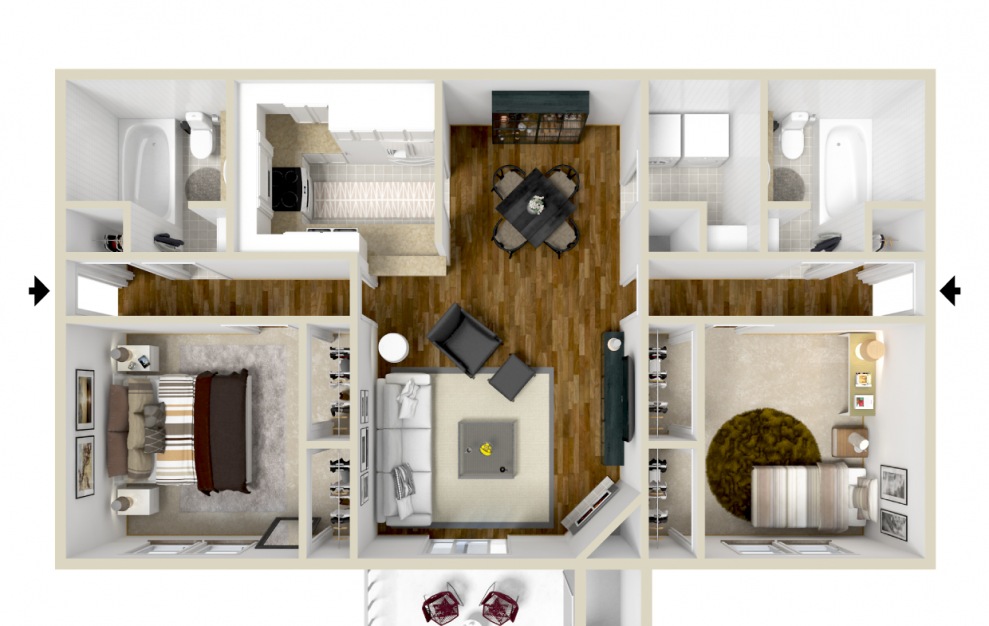 The Shiloh - 2 bedroom floorplan layout with 2 baths and 1154 square feet. (3D)