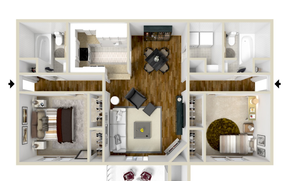 The Shiloh - 2 bedroom floorplan layout with 2 bathrooms and 1154 square feet (3D)