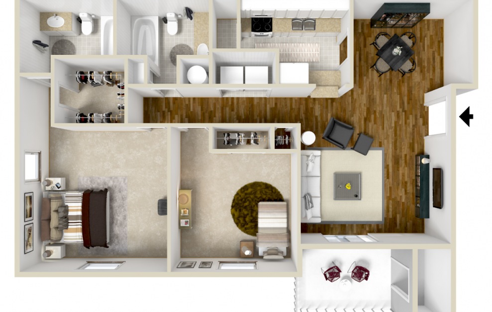 The Martin - 2 bedroom floorplan layout with 2 baths and 1072 square feet. (3D)