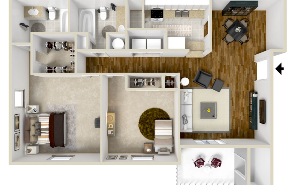 The Martin - 2 bedroom floorplan layout with 2 bathrooms and 1072 square feet (3D)