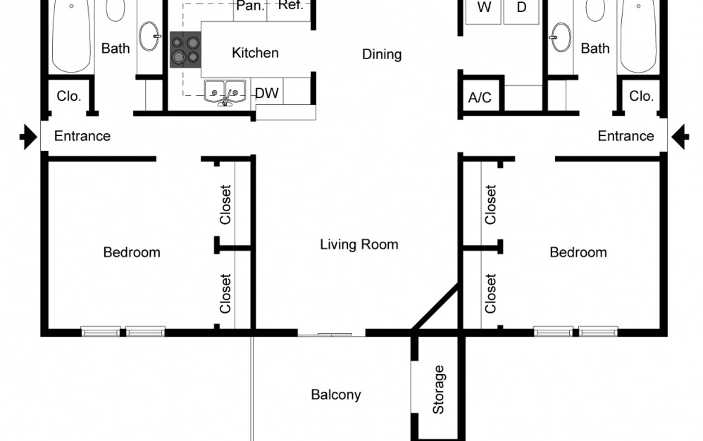 The Shiloh - 2 bedroom floorplan layout with 2 baths and 1154 square feet. (2D)