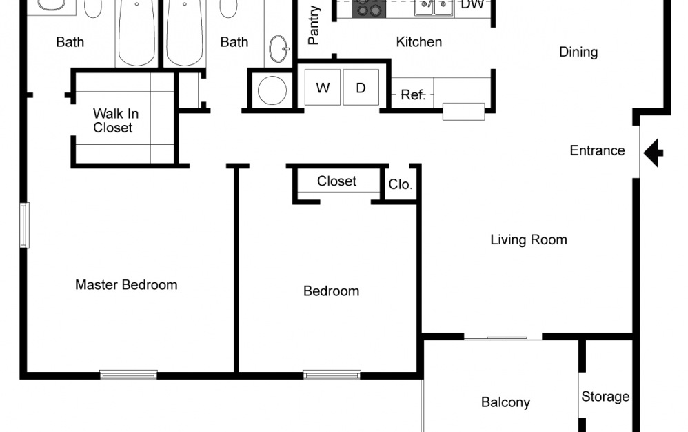 The Lanier - 2 bedroom floorplan layout with 2 baths and 1072 square feet. (2D)