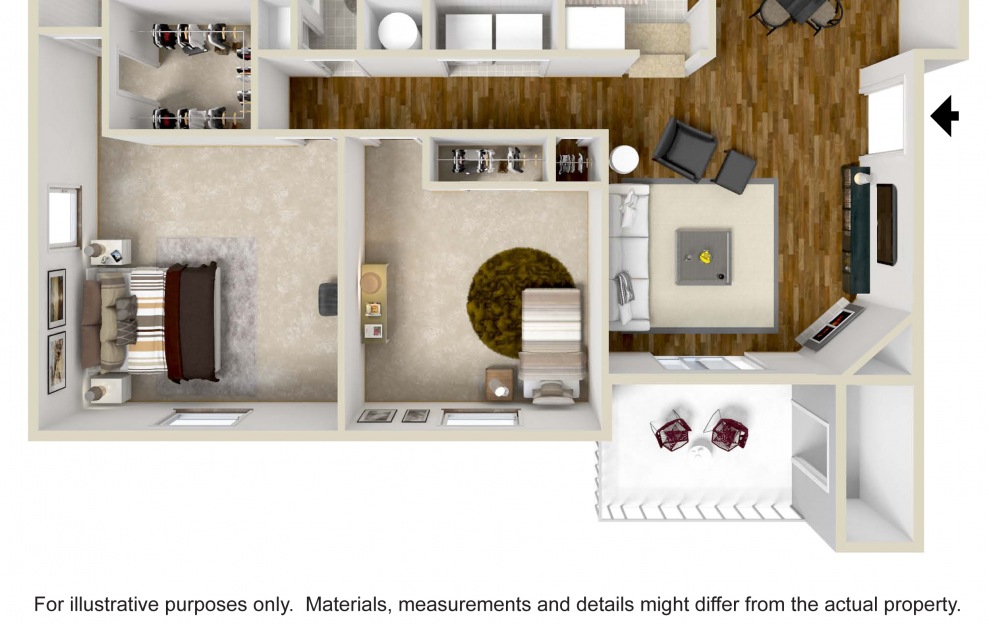 The Lanier - 2 bedroom floorplan layout with 2 baths and 1072 square feet. (3D)