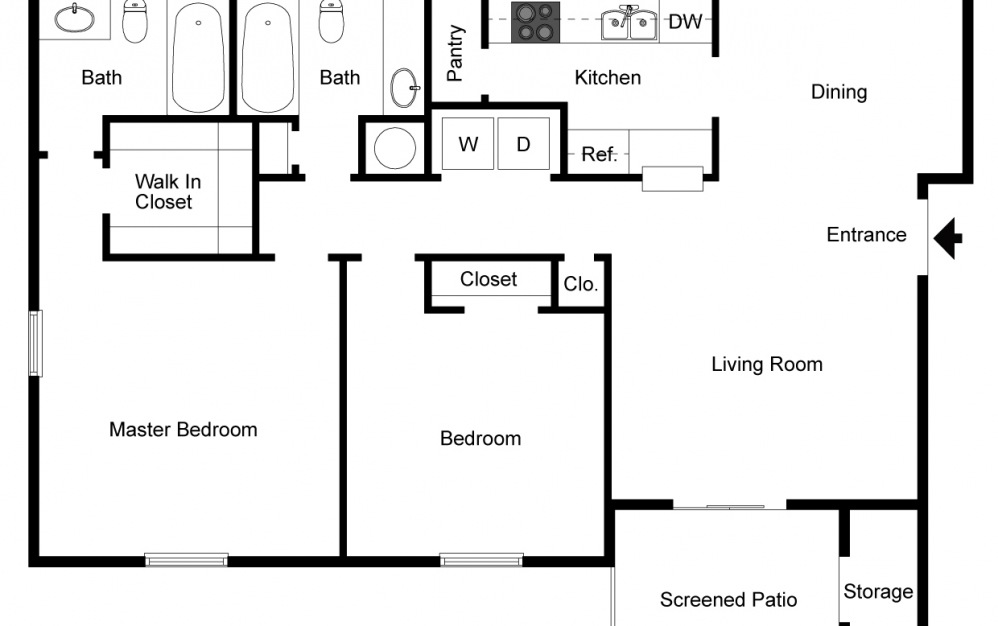 The Martin - 2 bedroom floorplan layout with 2 baths and 1072 square feet. (2D)