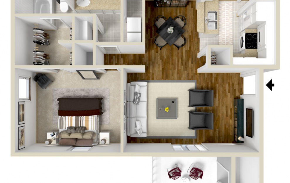 The Barkely - 1 bedroom floorplan layout with 1 bath and 827 square feet. (3D)