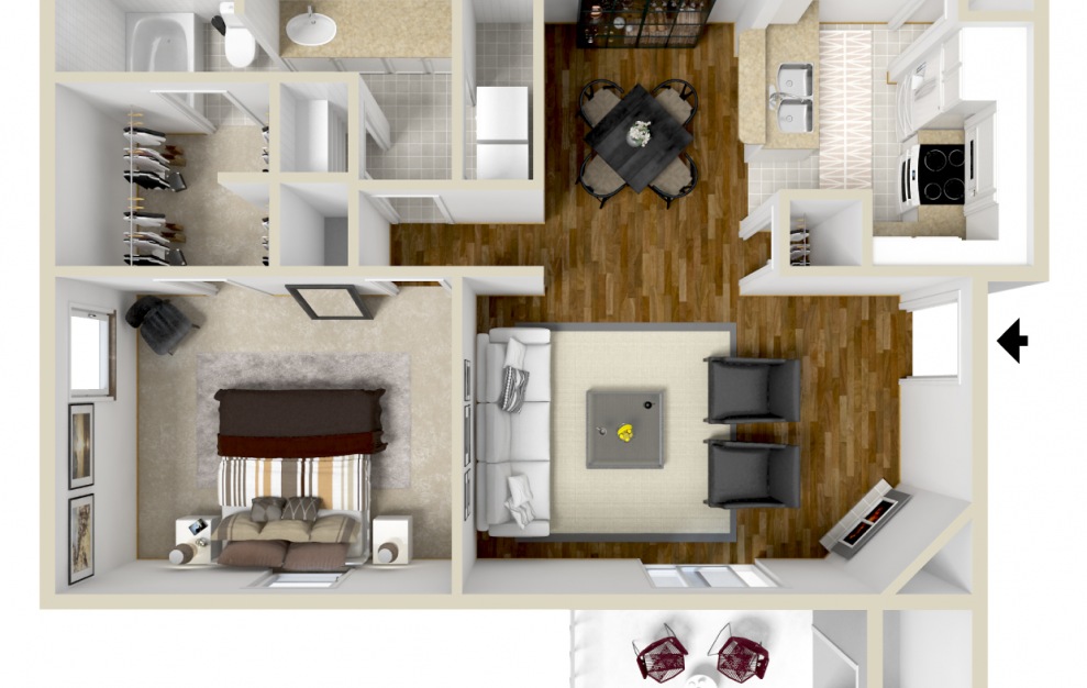 The Hartwell - 1 bedroom floorplan layout with 1 bath and 827 square feet. (3D)