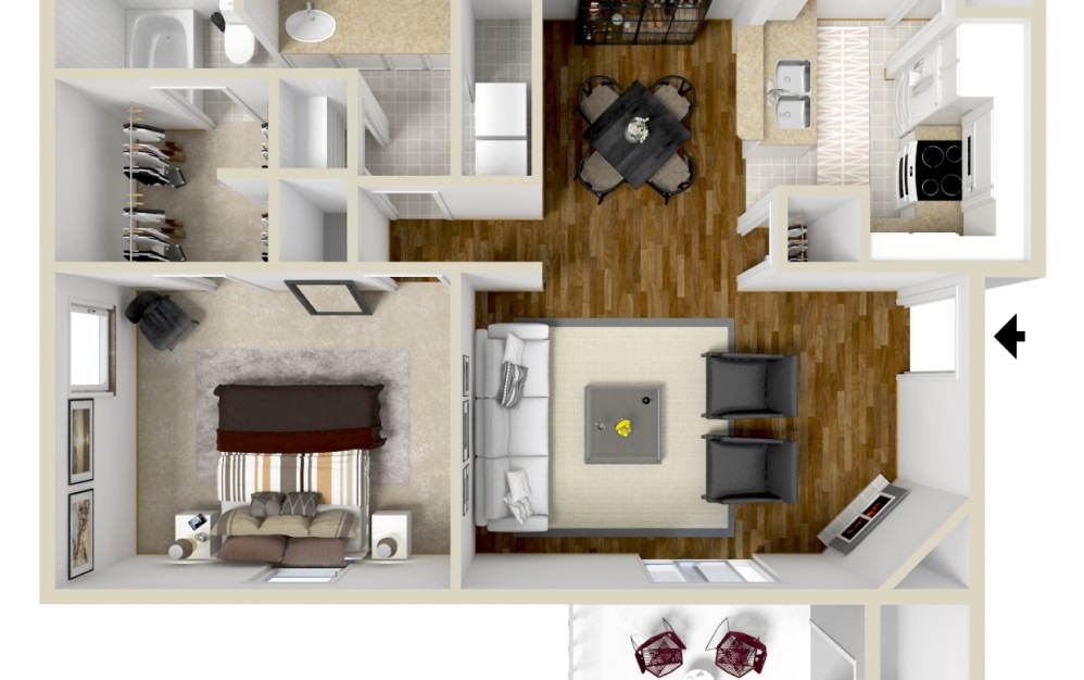 The Hartwell - 1 bedroom floorplan layout with 1 bathroom and 827 square feet (3D)